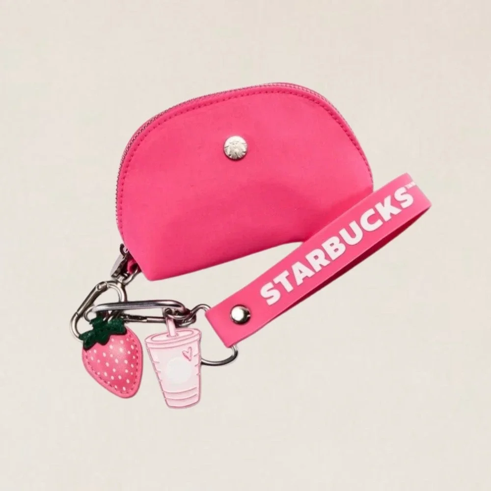 Starbucks Pink Drink Keychain Pouch & Charms Hot Pink Nylon Wristlet Limited Ed